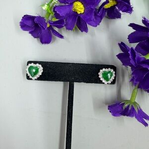 Vintage Green Jade and Crystal Heart Shaped Stud Earrings with Screw On Backs